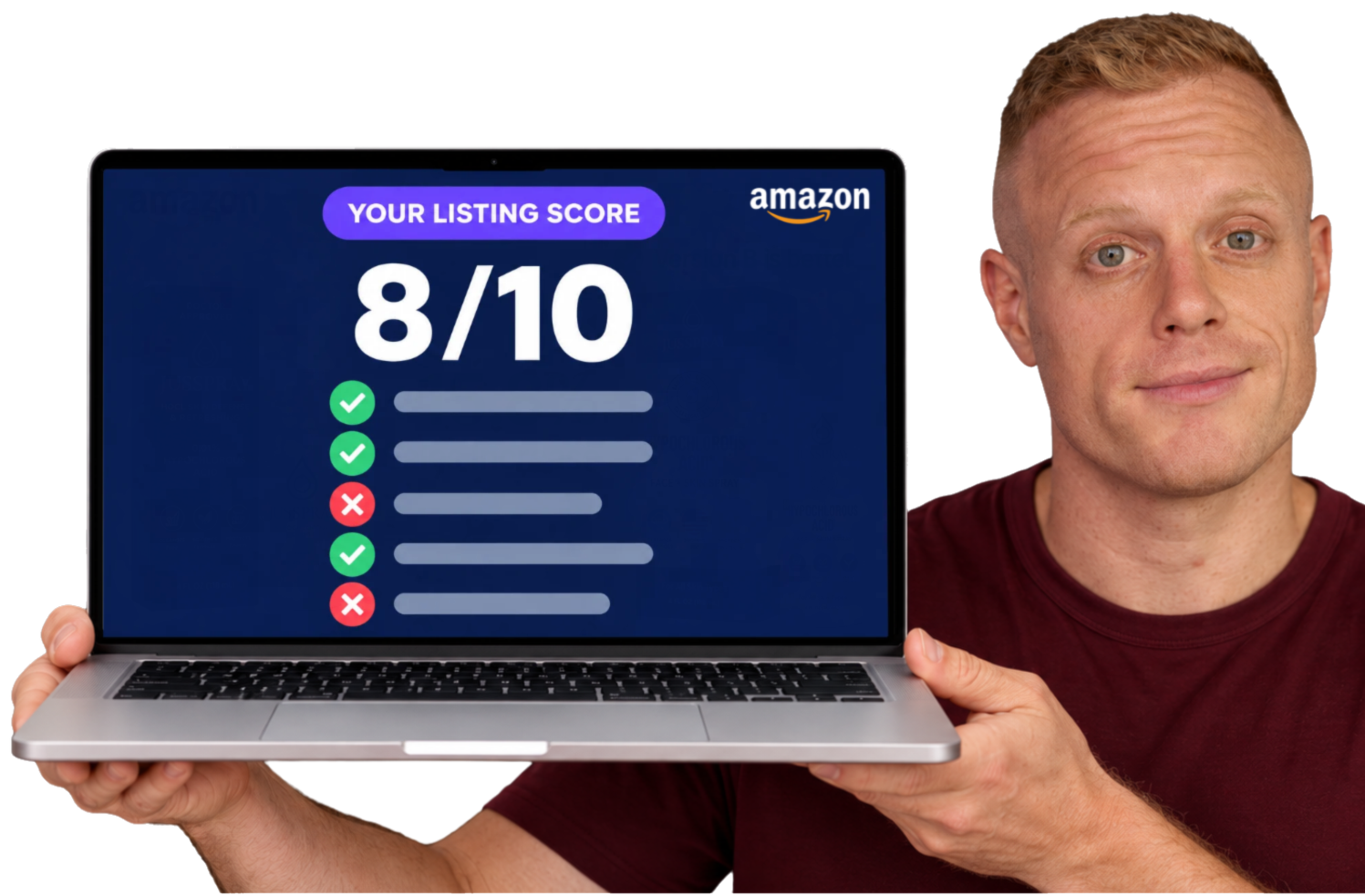 Riley holding a laptop showing a sample listing scorecard with an 8/10 score and green checkmarks